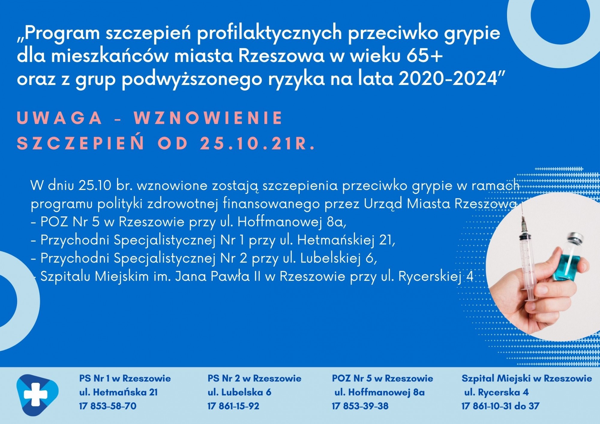 Wznowienie Szczepień przeciwko grypie od 20.10.2021 rok w Placwkach SP ZOZ Nr 1 w Rzeszowie
